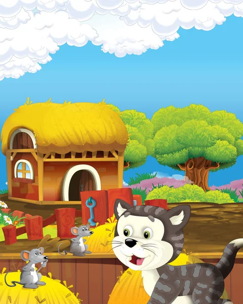 Escena de dibujos animados con gato divirtiéndose en la granja - ilustración para niños —  Fotos de Stock