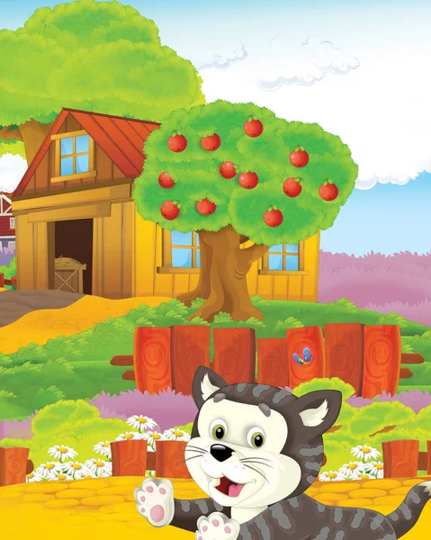 Zeichentrickszene mit Katze, die Spaß auf dem Bauernhof hat - Illustration für Kinder — Stockfoto