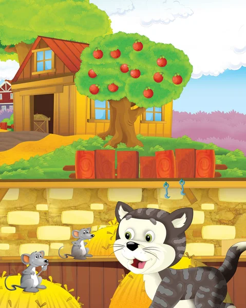 Escena de dibujos animados con gato divirtiéndose en la granja - ilustración para niños — Foto de Stock