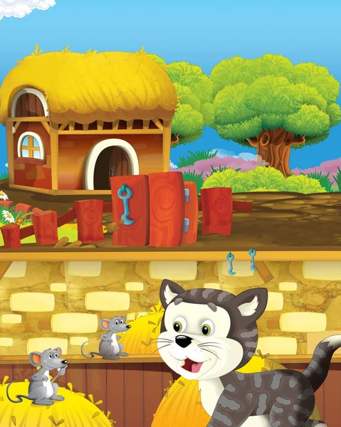 Kreslená scéna s kočkou bavící se na statku - ilustrace pro děti — Stock fotografie