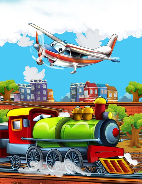 在靠近城市的火车站上，卡通滑稽的蒸汽火车和飞行的飞机- -儿童图解 — 图库照片