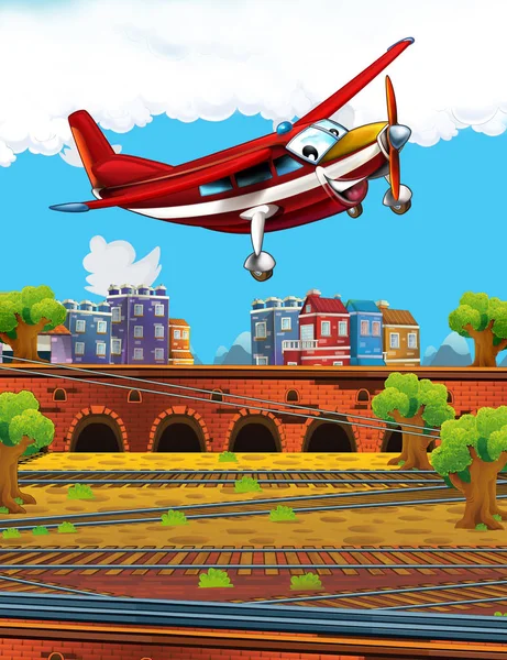 Şehrin yanındaki komik görünümlü çizgi film istasyonu ve uçan itfaiyeci uçağı - çocuklar için çizim — Stok fotoğraf