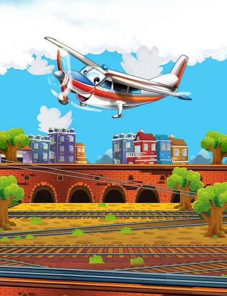 Cartoon funny looking station near the city and flying plane - illustration for children — Stock Photo, Image