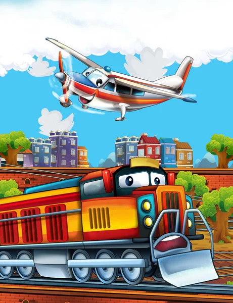 Cartoon funny looking steam train on the train station near the city and flying plane - illustration for children — Stock Photo, Image