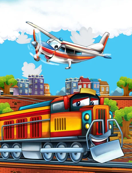 Cartoon funny looking steam train on the train station near the city and flying plane - illustration for children — Stock Photo, Image