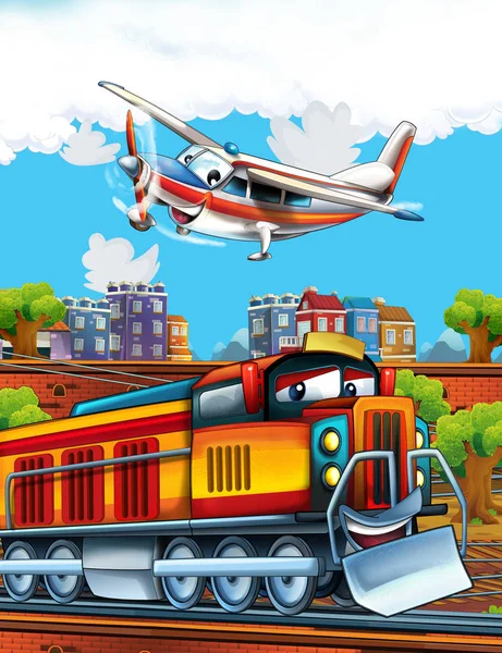 Cartoon funny looking steam train on the train station near the city and flying plane - illustration for children