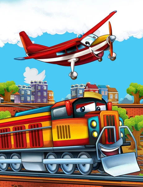Tecknad rolig ser ångtåget på järnvägsstationen nära staden och flygande brandman plan - illustration för barn — Stockfoto