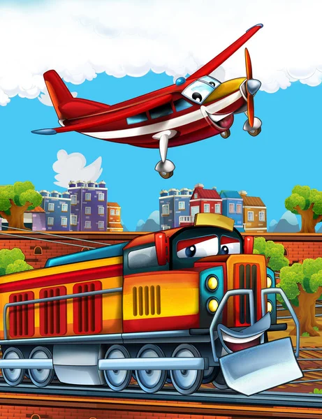 Cartone animato divertente cercando treno a vapore sulla stazione ferroviaria vicino alla città e aereo pompiere volante - illustrazione per i bambini — Foto Stock