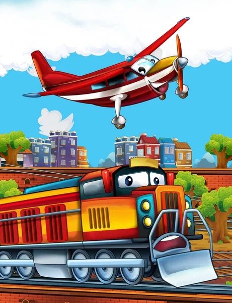 Cartoon funny looking steam train on the train station near the city and flying fireman plane - illustration for children — Stock Photo, Image