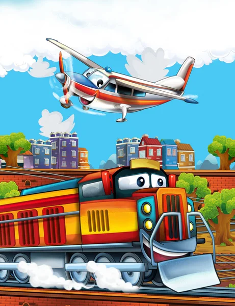 Şehrin yakınındaki tren istasyonunda komik görünüşlü buhar treni ve uçan uçak - çocuklar için illüstrasyon — Stok fotoğraf