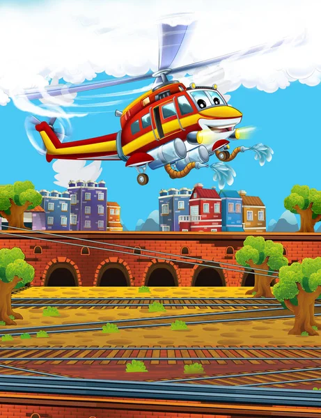 Cartoon divertente stazione di ricerca vicino alla città e volante elicottero pompiere - illustrazione per bambini — Foto Stock