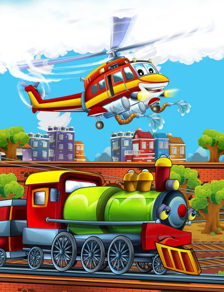 Tren de vapor de aspecto divertido de dibujos animados en la estación de tren cerca de la ciudad y helicóptero bombero volador - ilustración para niños —  Fotos de Stock