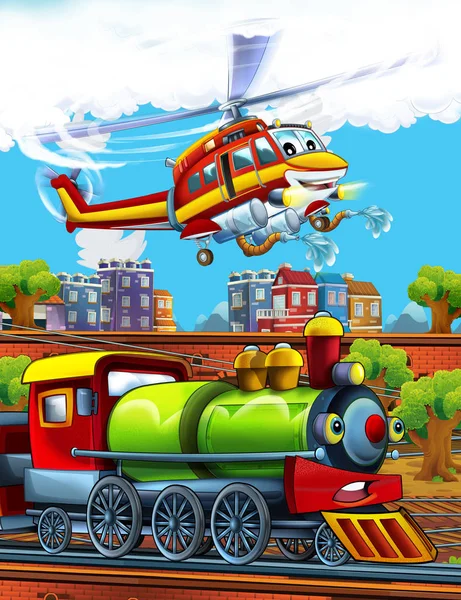 Cartoon grappig ogende stoomtrein op het treinstation in de buurt van de stad en vliegende brandweerman helikopter - illustratie voor kinderen — Stockfoto