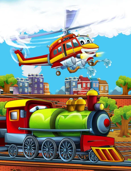 Cartoon grappig ogende stoomtrein op het treinstation in de buurt van de stad en vliegende brandweerman helikopter - illustratie voor kinderen — Stockfoto