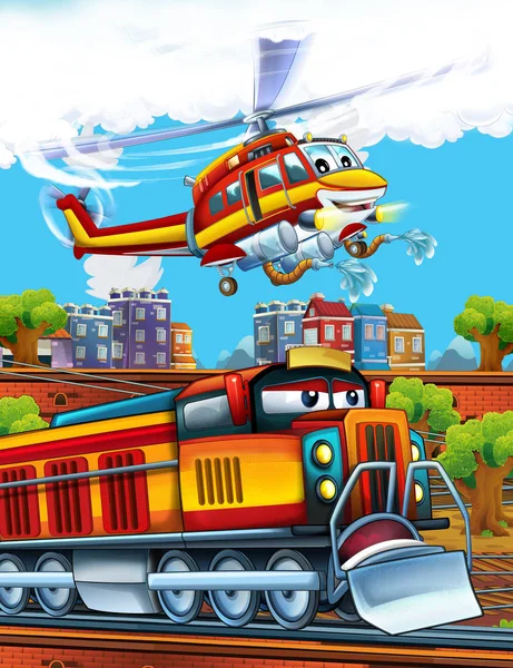 Мультяшний смішний вигляд парового поїзда на залізничній станції біля міста та літаючий пожежний вертоліт - ілюстрація для дітей — стокове фото