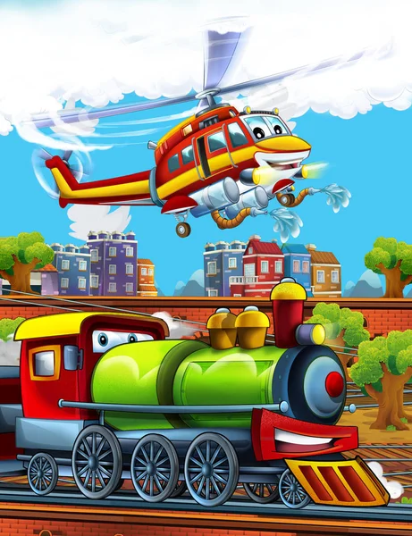 Cartoon grappig ogende stoomtrein op het treinstation in de buurt van de stad en vliegende brandweerman helikopter - illustratie voor kinderen — Stockfoto