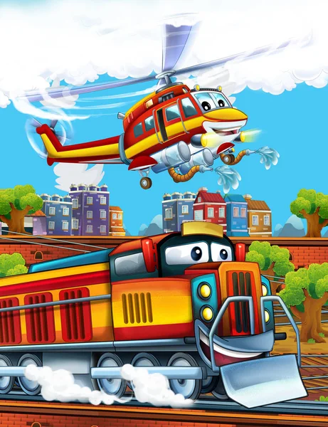 Cartoon funny looking steam train on the train station near the city and flying fireman helicopter - illustration for children — Stock Photo, Image