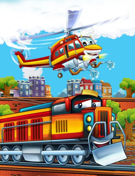 Cartone animato divertente cercando treno a vapore sulla stazione ferroviaria vicino alla città e volare elicottero pompiere - illustrazione per i bambini — Foto Stock