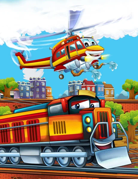 Cartoon grappig ogende stoomtrein op het treinstation in de buurt van de stad en vliegende brandweerman helikopter - illustratie voor kinderen — Stockfoto