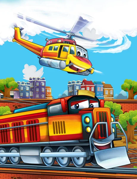 Мультяшний смішний вигляд парового поїзда на залізничній станції біля міста та літаючий аварійний вертоліт - ілюстрація для дітей — стокове фото