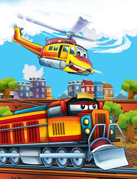 Cartoon funny looking steam train on the train station near the city and flying emergency helicopter - illustration for children — Stock Photo, Image