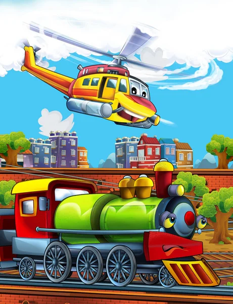 Rajzfilm vicces néz gőz vonat a vasútállomáson, közel a város és a repülő vészhelyzeti helikopter - illusztráció gyerekeknek — Stock Fotó