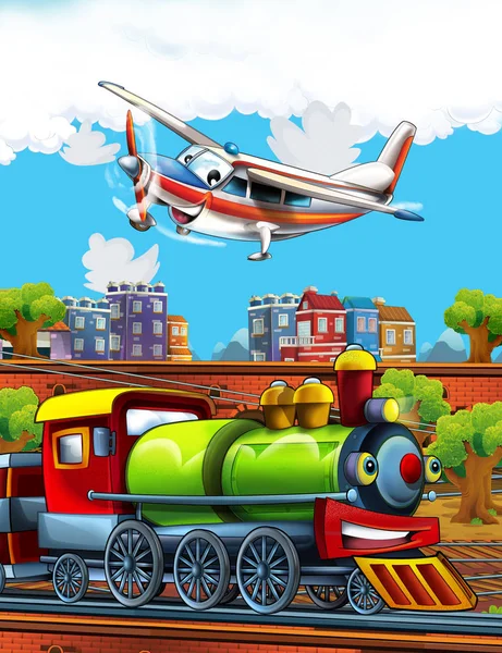 Cartoon funny looking station near the city and flying plane - illustration for children — Stock Photo, Image