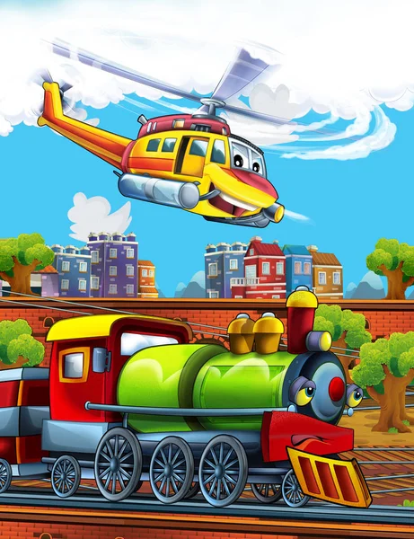 Rajzfilm vicces néz gőz vonat a vasútállomáson, közel a város és a repülő vészhelyzeti helikopter - illusztráció gyerekeknek — Stock Fotó