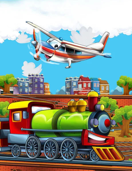 Cartoon funny looking steam train on the train station near the city and flying plane - illustration for children — Stock Photo, Image