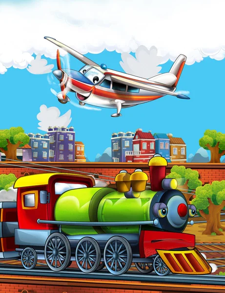 Cartoon funny looking steam train on the train station near the city and flying plane - illustration for children — Stock Photo, Image