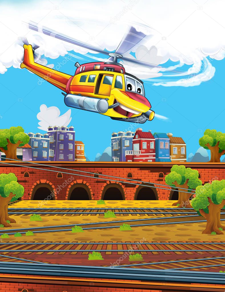Cartoon funny looking station near the city and flying emergency helicopter - illustration for children