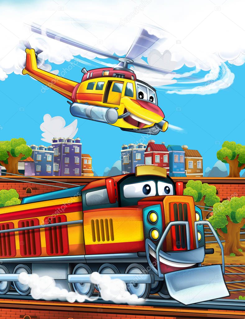 Cartoon funny looking steam train on the train station near the city and flying emergency helicopter - illustration for children
