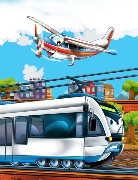 Cartoon funny looking train on the train station near the city and flying plane - illustration for children — Stock Photo, Image