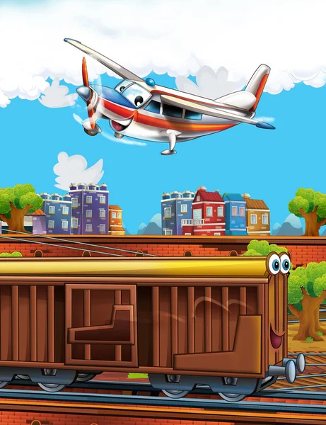 Cartoon funny look train wagon on station near the city and flying plane - illustration for children — Stock Photo, Image
