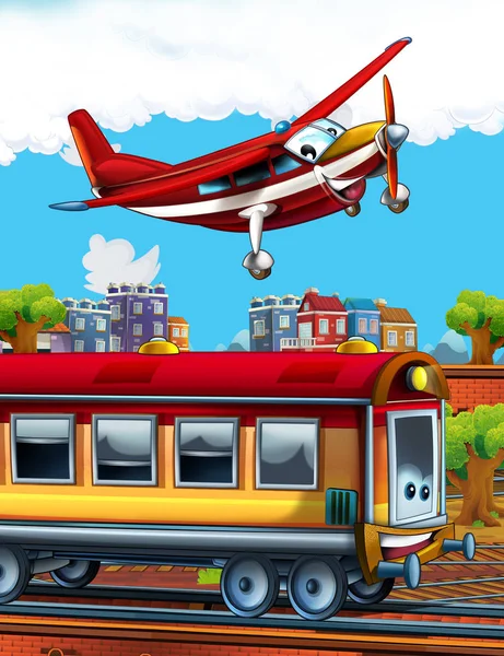 Caricatura divertida mirada vagón de tren en la estación cerca de la ciudad y avión bombero volador - ilustración para los niños —  Fotos de Stock