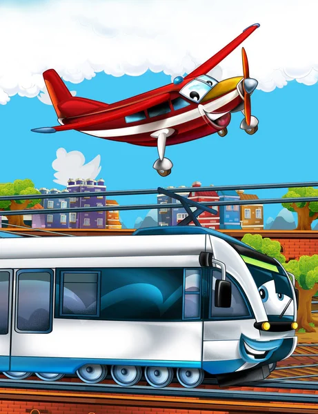 Rajzfilm vicces néz vonat a vasútállomáson, közel a város és a repülő tűzoltó repülőgép - illusztráció gyerekeknek — Stock Fotó