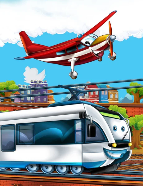 Cartoon funny looking train on the train station near the city and flying fireman plane - illustration for children — Stock Photo, Image