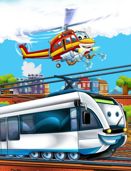 Cartoon funny looking train on the train station near the city and flying fireman helicopter - illustration for children