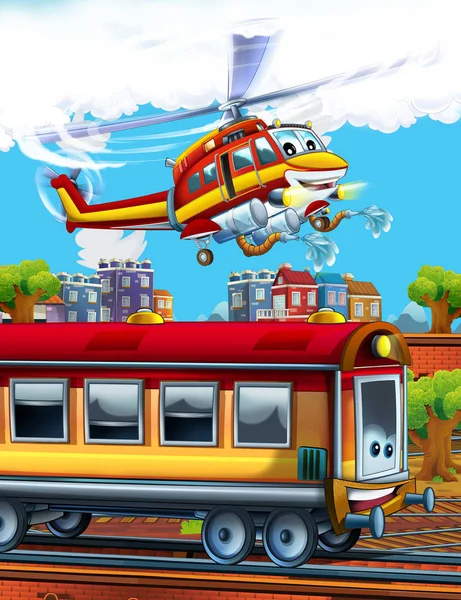 Rajzfilm vicces kinézetű vasúti kocsi a vasútállomáson, közel a város és a repülő tűzoltó helikopter - illusztráció gyerekeknek — Stock Fotó
