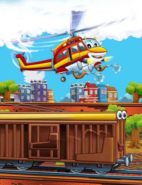 Desenhos animados engraçado olhando vagão de trem na estação ferroviária perto da cidade e helicóptero bombeiro voador - ilustração para crianças — Fotografia de Stock