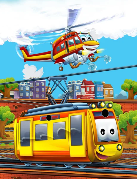 Cartoon funny looking train on the train station near the city and flying fireman helicopter - illustration for children