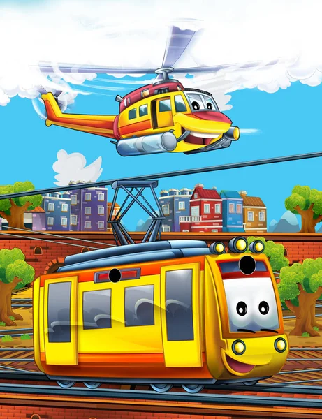 Cartoon funny looking train on the train station near the city and flying emergency helicopter - illustration for children — Stock Photo, Image