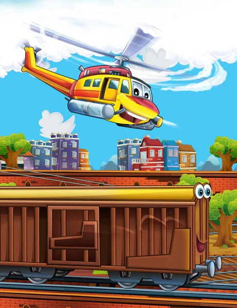 Desenhos animados engraçado olhando vagão de trem na estação ferroviária perto da cidade e voando helicóptero de emergência - ilustração para crianças — Fotografia de Stock