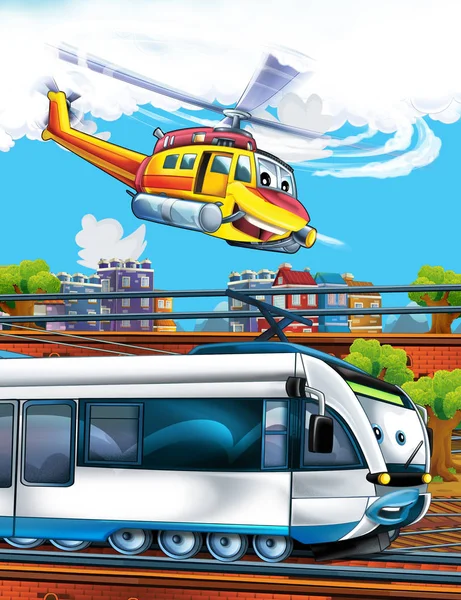 Rajzfilm vicces néz vonat a vasútállomáson, közel a város és a repülő vészhelyzeti helikopter - illusztráció gyerekeknek — Stock Fotó