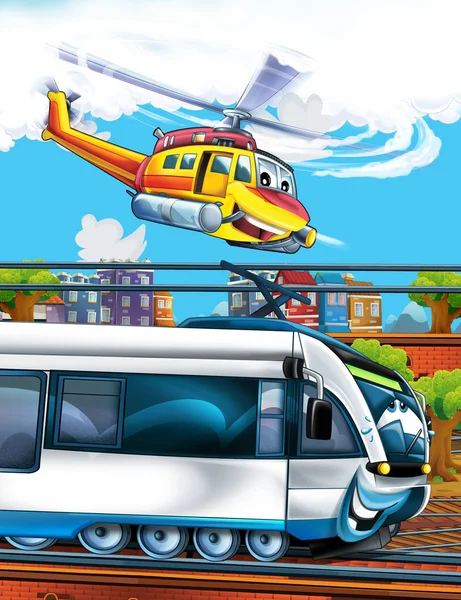 Tren de aspecto divertido de dibujos animados en la estación de tren cerca de la ciudad y helicóptero de emergencia volador - ilustración para los niños —  Fotos de Stock