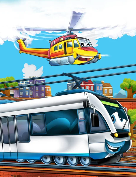 Rajzfilm vicces néz vonat a vasútállomáson, közel a város és a repülő vészhelyzeti helikopter - illusztráció gyerekeknek — Stock Fotó