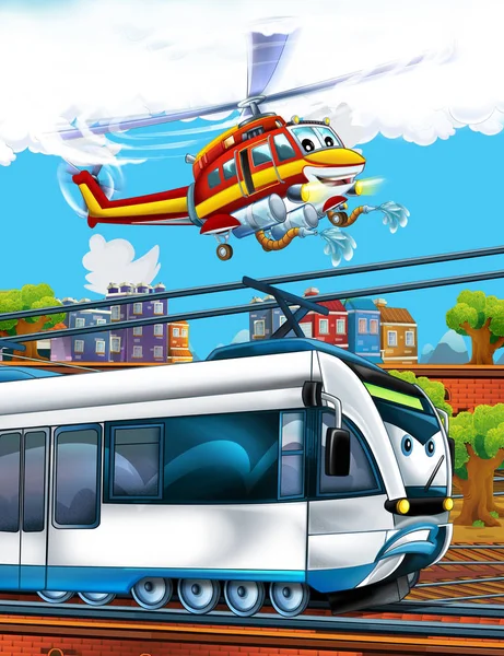 Tren de aspecto divertido de dibujos animados en la estación de tren cerca de la ciudad y helicóptero bombero volador - ilustración para los niños —  Fotos de Stock