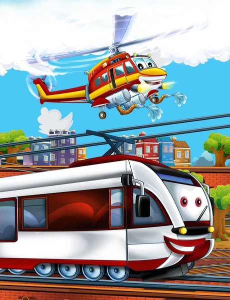 Cartoon funny looking train on the train station near the city and flying fireman helicopter - illustration for children