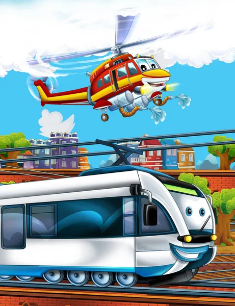 Tecknad rolig ser tåg på tågstationen nära staden och flygande brandman helikopter - illustration för barn — Stockfoto