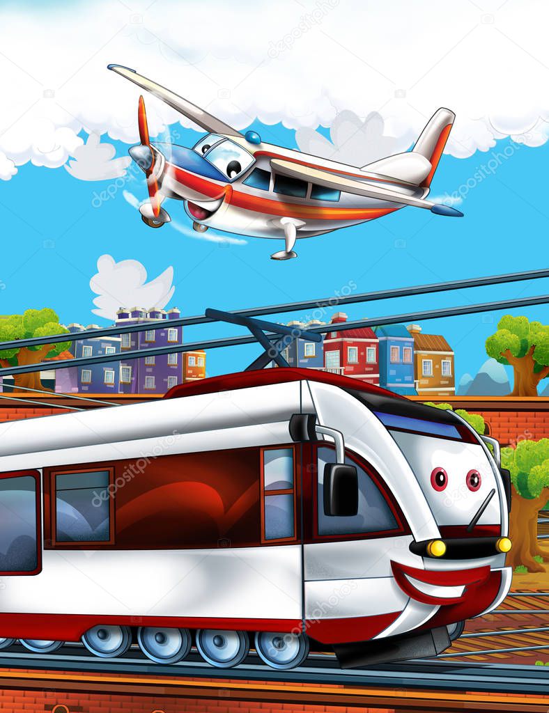 Cartoon funny looking train on the train station near the city and flying plane - illustration for children